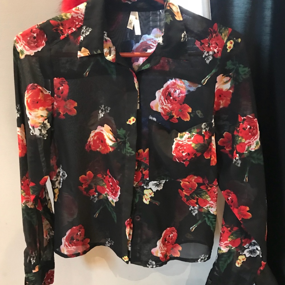 Black and floral, cropped see through blouse